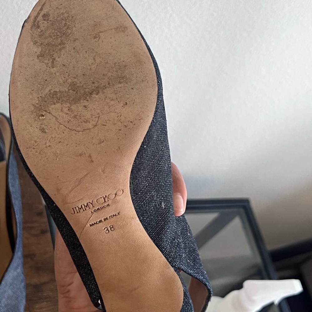 Jimmy Choo Denim Peep-Toe Wedge Slingbacks in Dark Blue - Picture 7 of 7